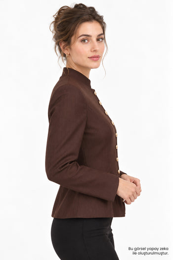 Dik Yaka Slim Fit İnce Çizgili Düğmeli Kahve Ceket