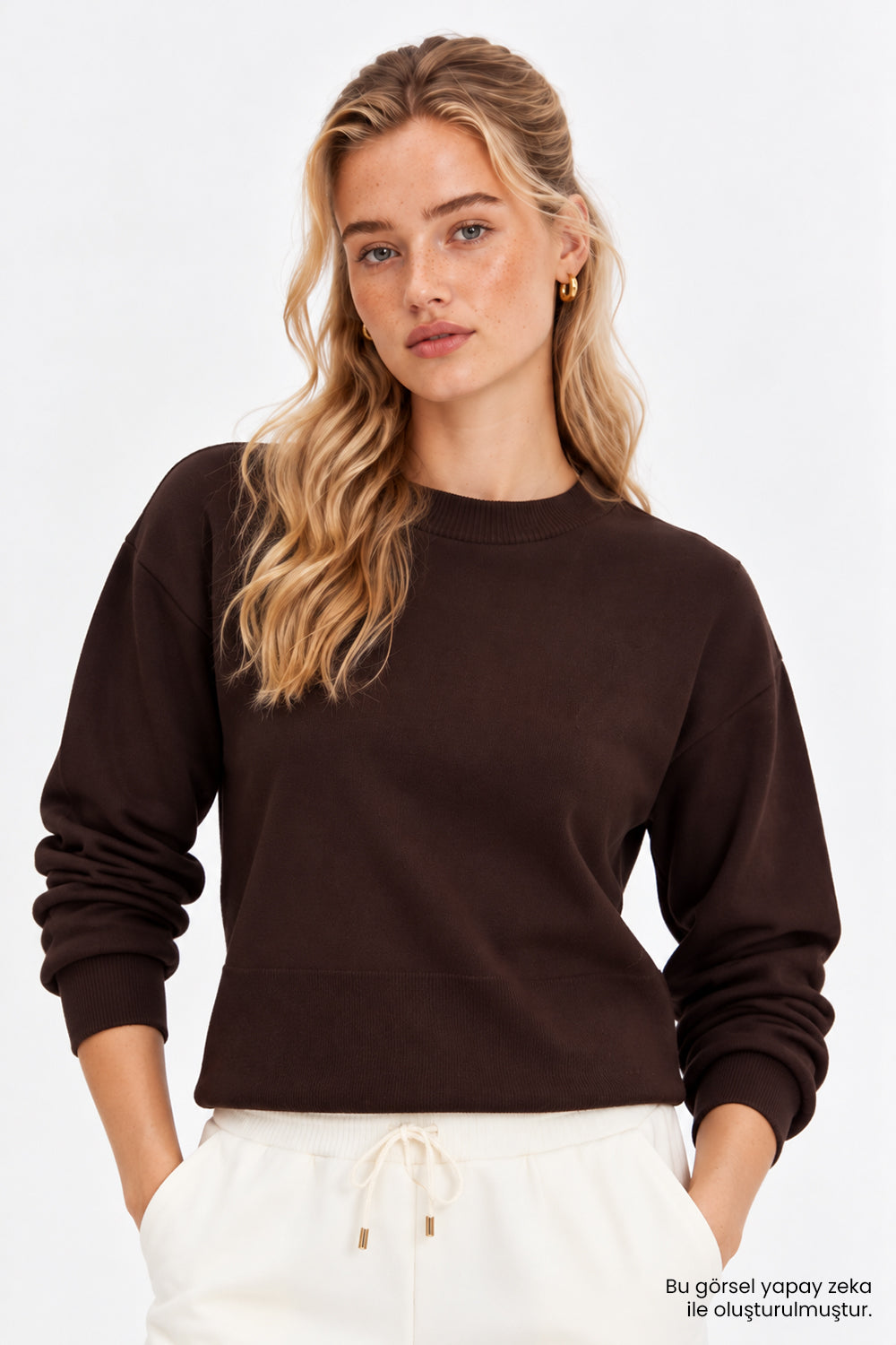 Bisiklet Yaka Uzun Kollu Ribanalı Kahverengi Sweatshirt