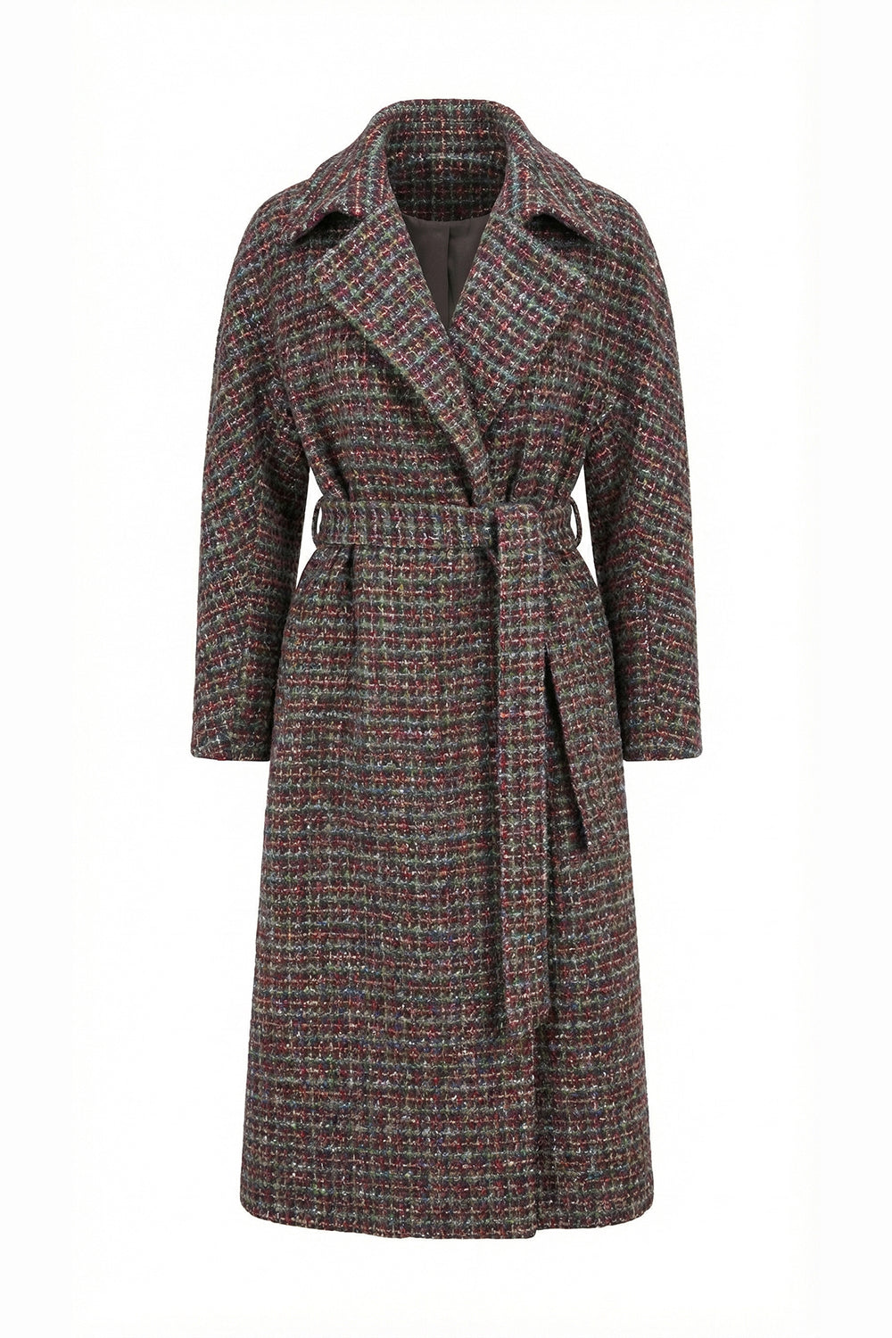 Uzun Kollu Cepli Kuşaklı Midi Regular Dokuma Kaban