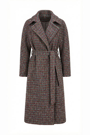 Uzun Kollu Cepli Kuşaklı Midi Regular Dokuma Kaban