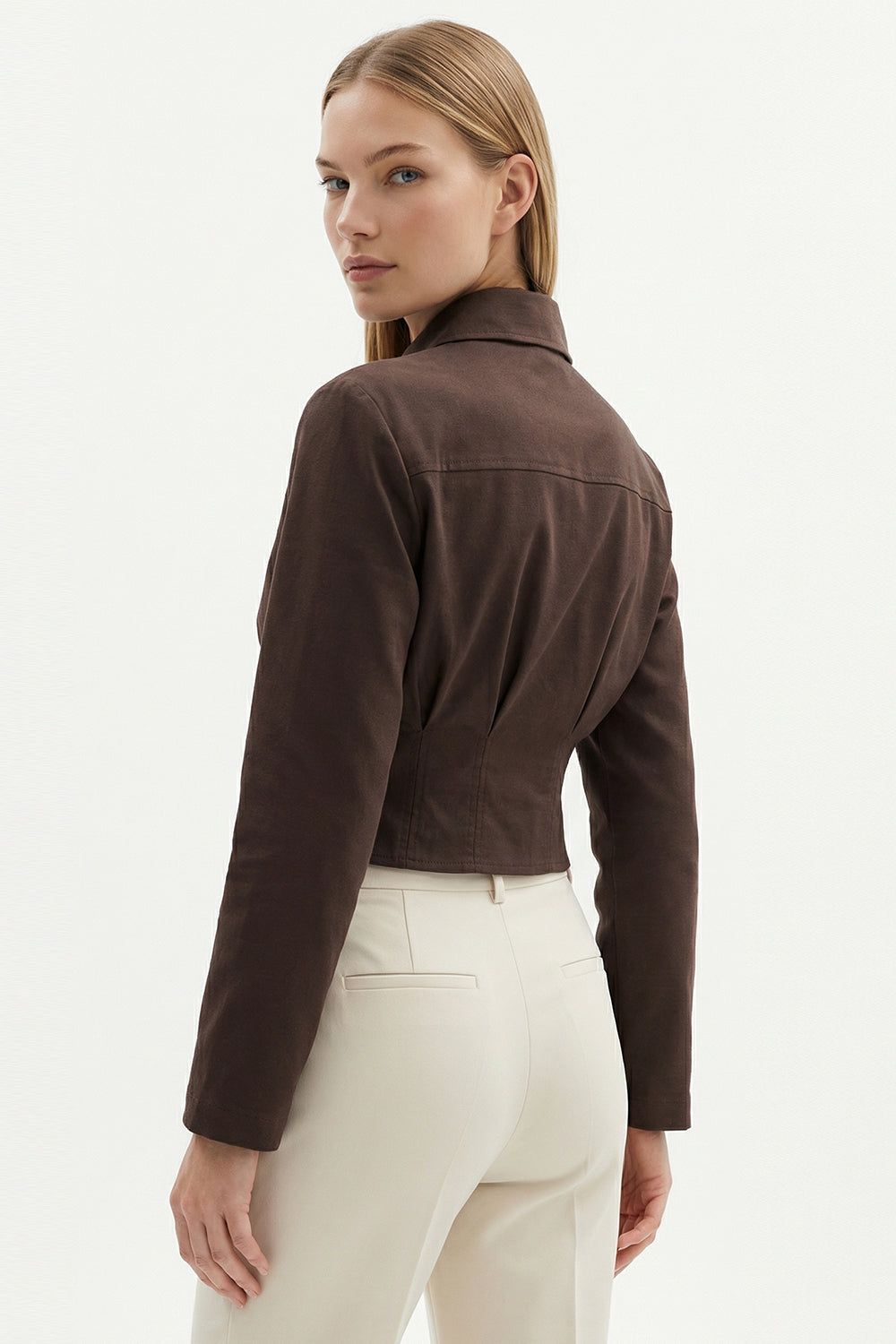 Gömlek Yaka Uzun Kollu Pile Detaylı Crop Regular Kahve Gömlek