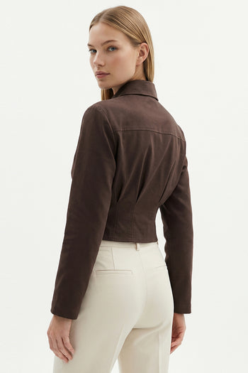 Gömlek Yaka Uzun Kollu Pile Detaylı Crop Regular Kahve Gömlek