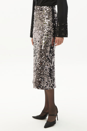 Payetli Regular Gri Midi Etek