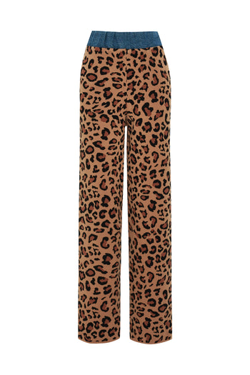 Yüksek Bel Leopar Desenli Beli Lastikli Denim Garnili Regular Triko Pantolon