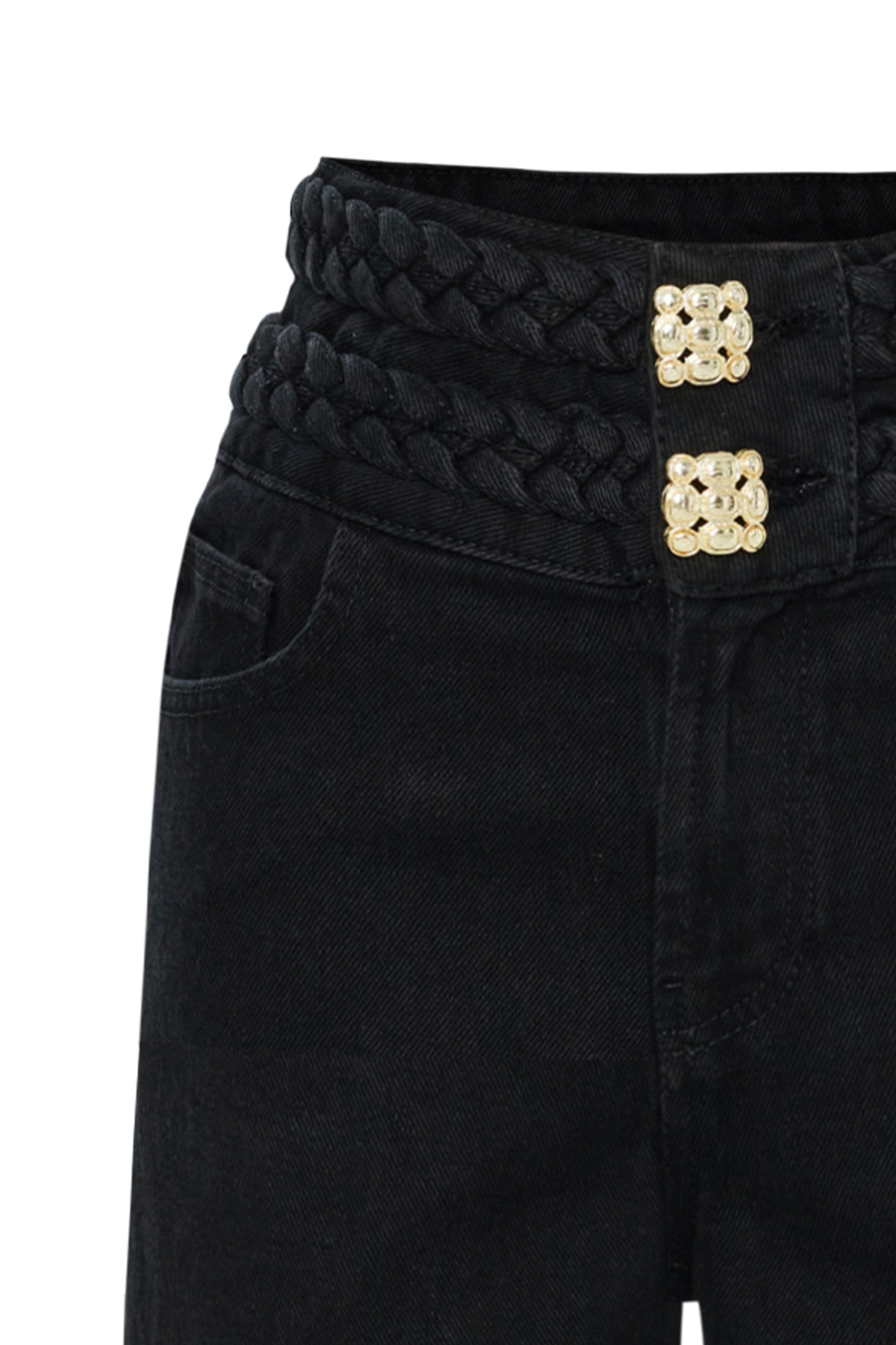 Kemer ve Düğme Detaylı Geniş Paçalı Pamuk Regular Siyah Denim