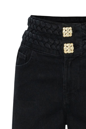 Kemer ve Düğme Detaylı Geniş Paçalı Pamuk Regular Siyah Denim