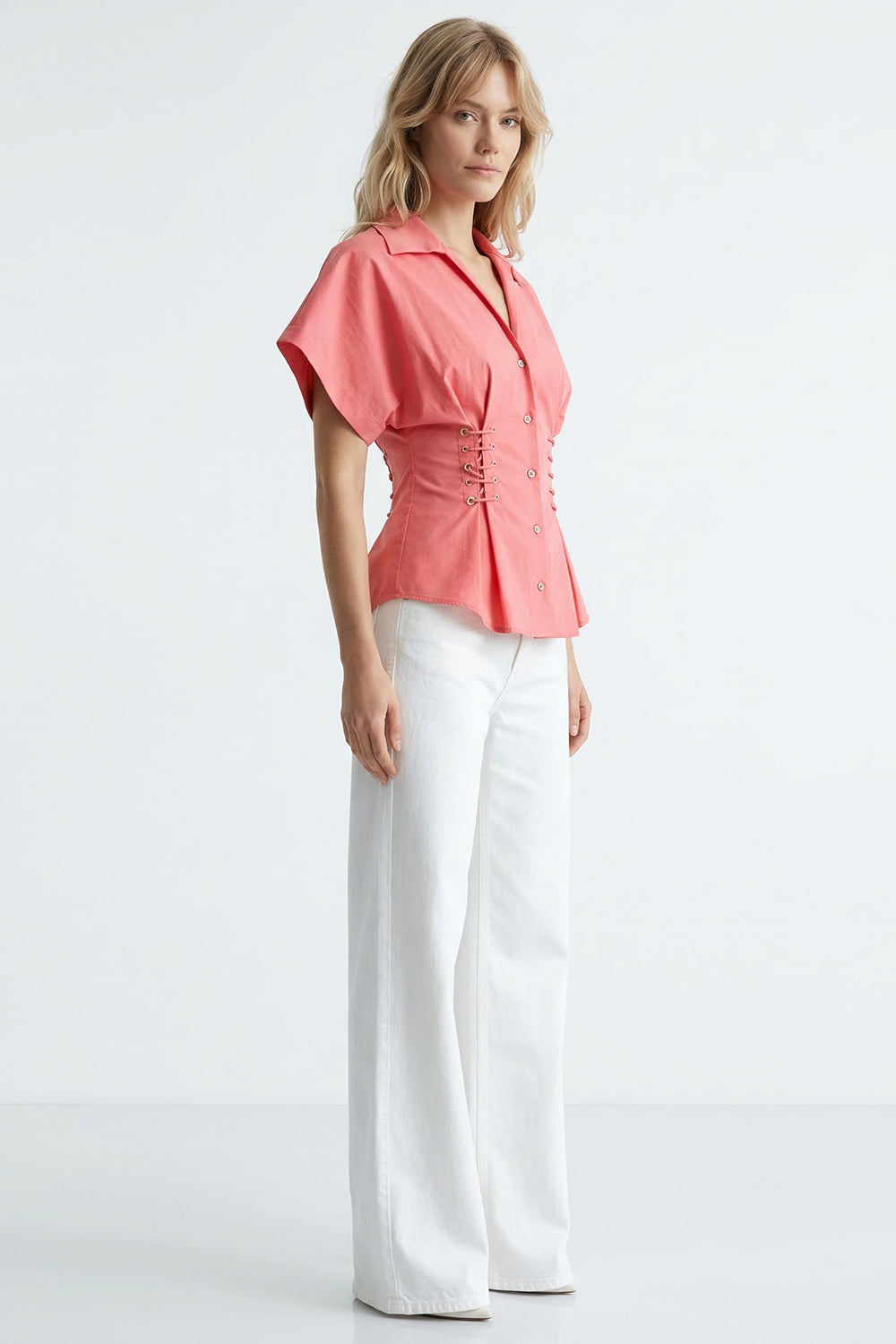 Gömlek Yaka Bağcık Detaylı Bele Oturan Regular Pembe Gömlek