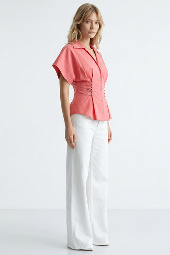 Gömlek Yaka Bağcık Detaylı Bele Oturan Regular Pembe Gömlek