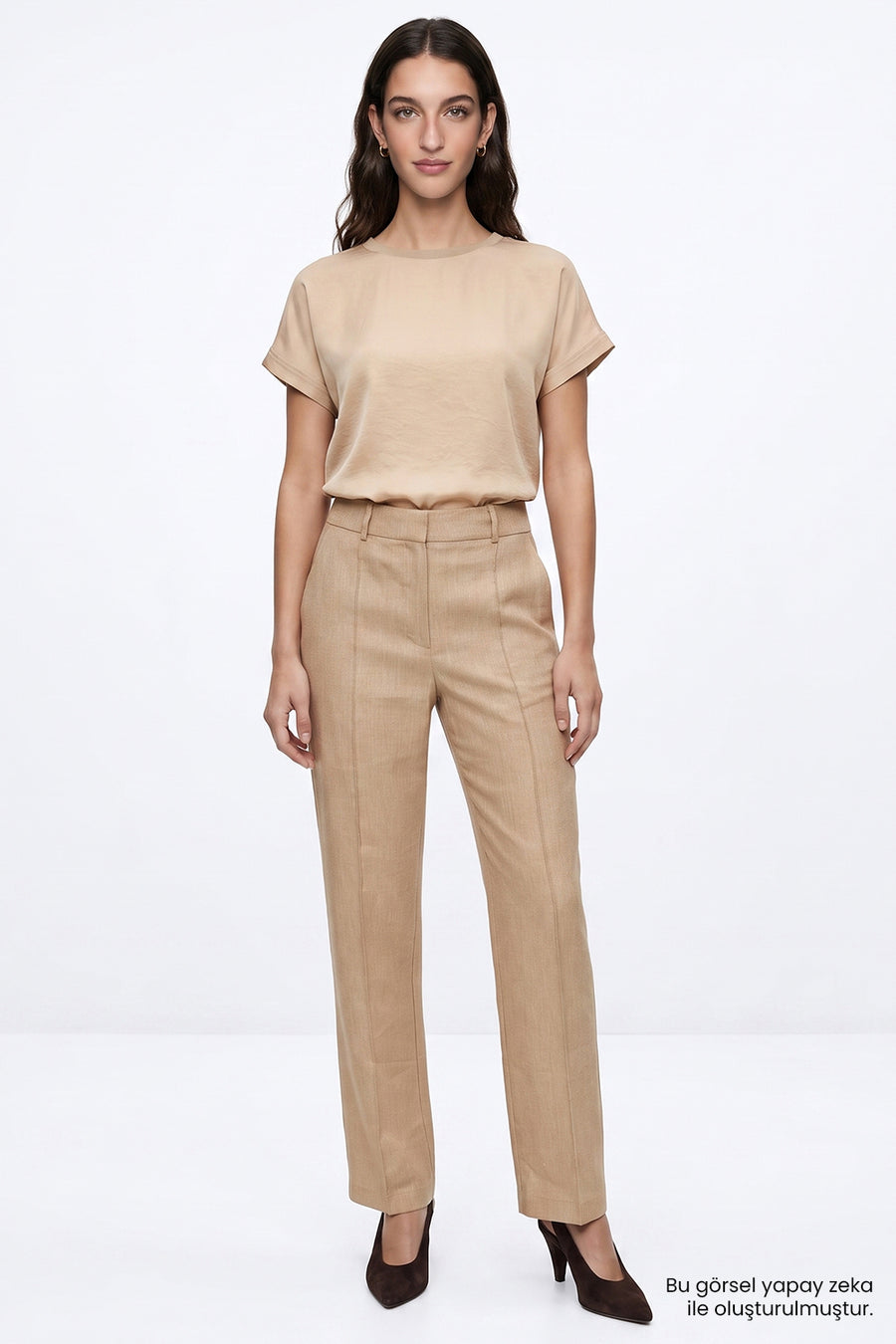 Yüksek Bel Keten Karışımlı Regular Camel Pantolon