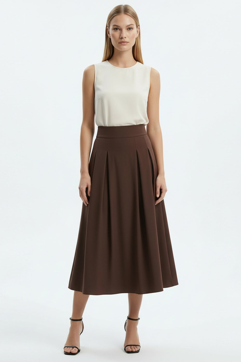 Pileli Arkası Lastikli Cepli Regular Midi Kahve Etek