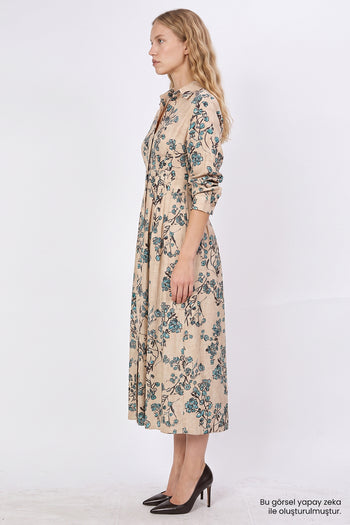Uzun Kollu Bele Oturan Pileli Slim Fit Midi Çok Renkli Elbise