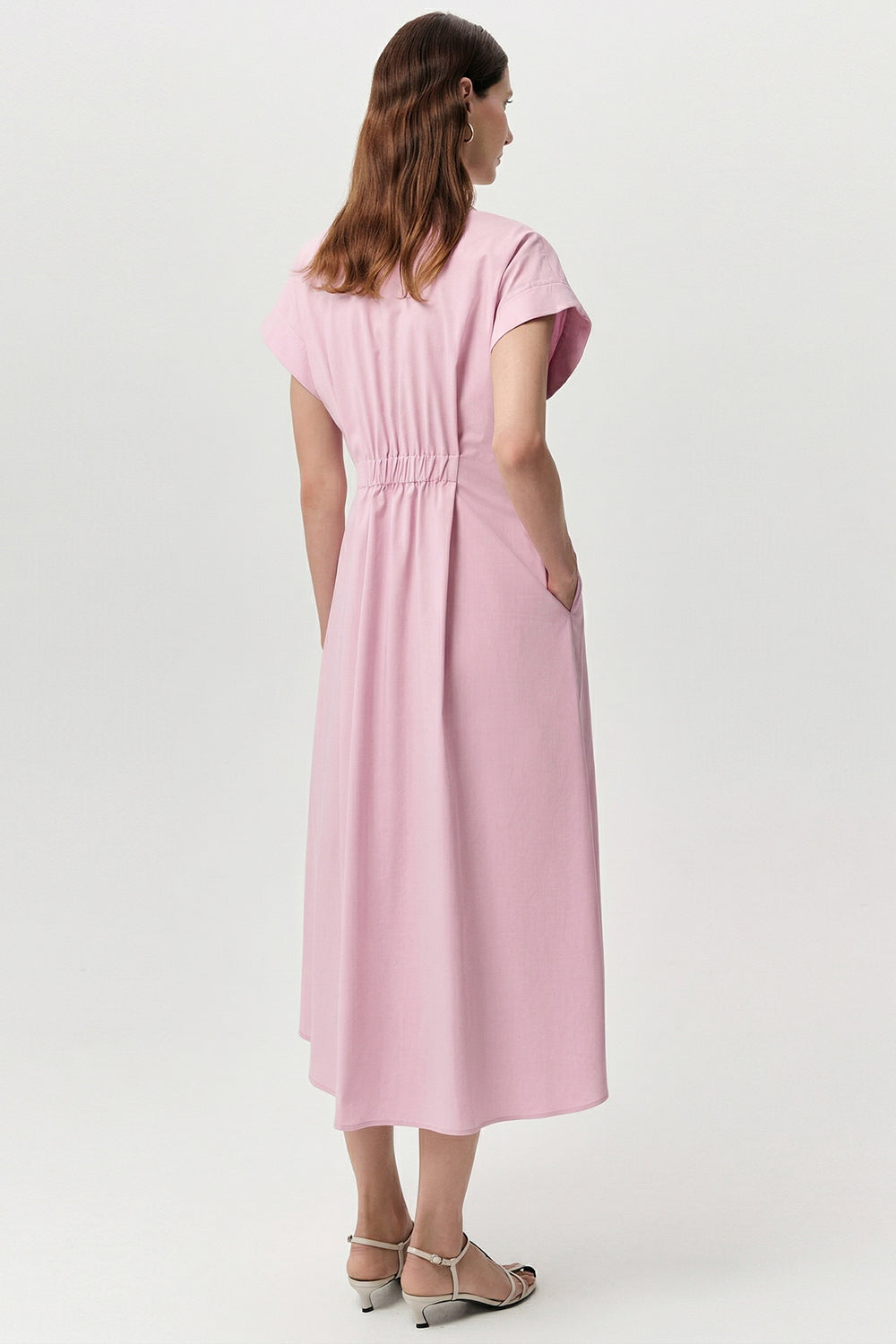 Gömlek Yaka Bele Oturan Lastikli Cepli Regular Midi Pembe Elbise