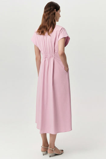 Gömlek Yaka Bele Oturan Lastikli Cepli Regular Midi Pembe Elbise