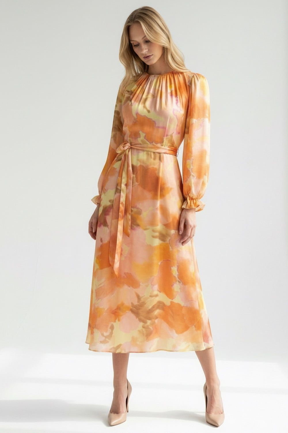 Bisiklet Yaka Uzun Kol Bol Kesim Desenli Elbise