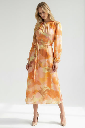 Bisiklet Yaka Uzun Kol Bol Kesim Desenli Elbise