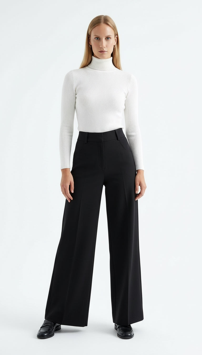 Geniş Paça Yüksek Bel Cepli Dokuma Pantolon