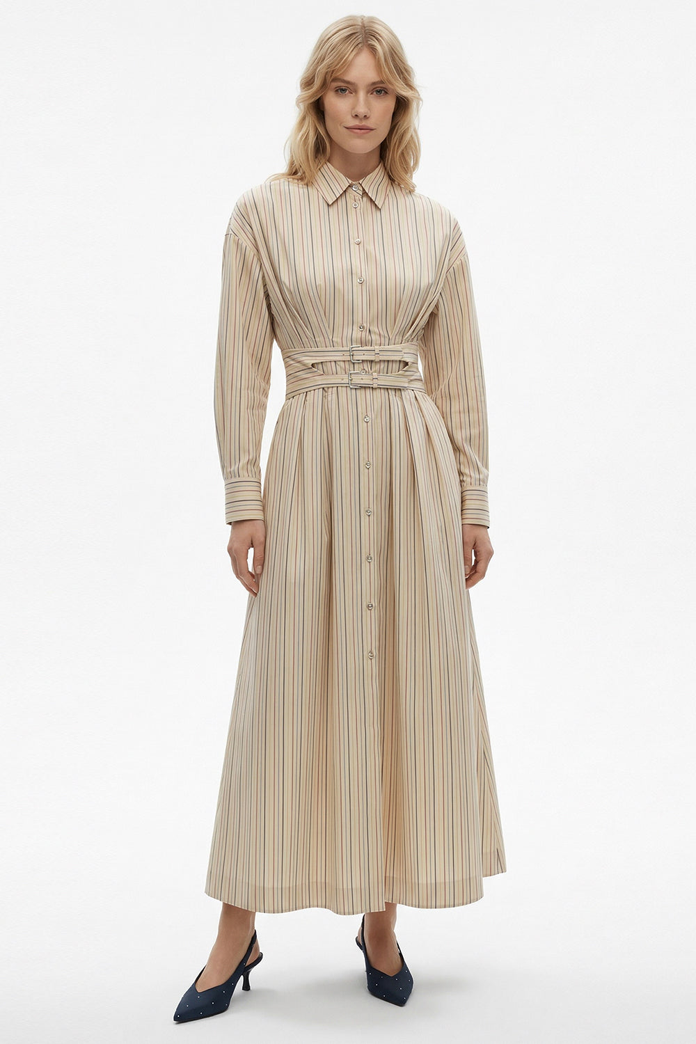 Uzun Kollu Kemerli Regular Midi Gömlek Bej Elbise
