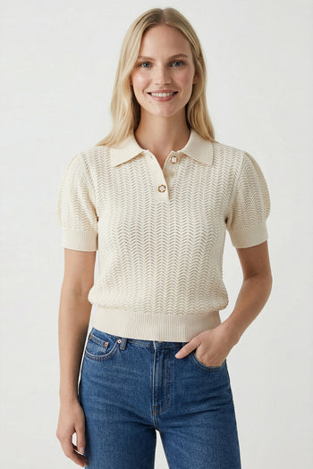 Polo Yaka Ajurlu Kısa Kollu Regular Triko Bej Bluz