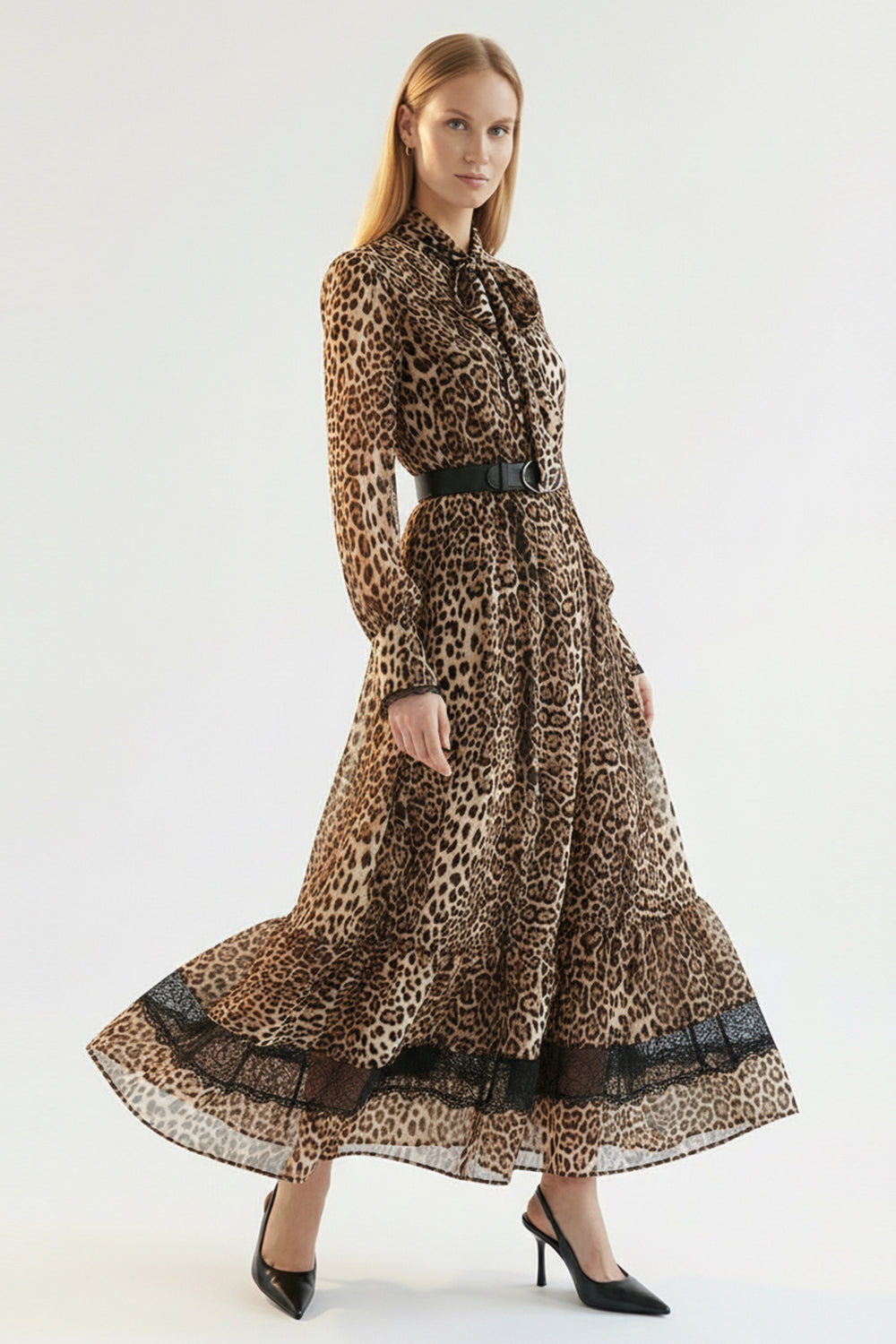Leoper Desenli Kemerli Regular Maxi Çok Renkli Elbise