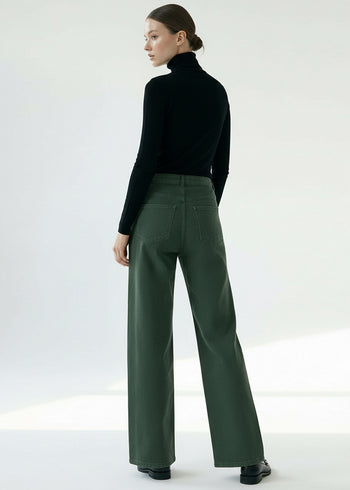 Yüksek Bel Cepli Dokuma Yeşil Pantolon