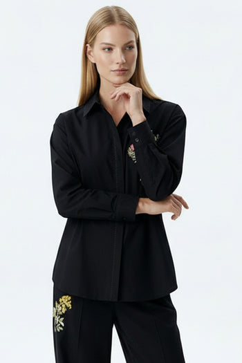 Saf Keten İşlemeli Yüksek Bel Bol Kesim Siyah Pantolon