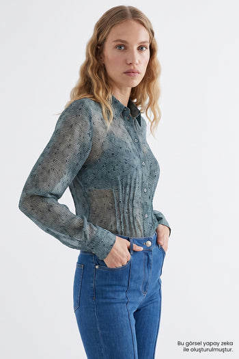 Astarlı Beli Nervür Dikişli Slim Fit Şifon Çok Renkli Gömlek