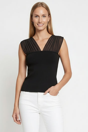 Piliseli Tül Detaylı Kolsuz Triko Bluz