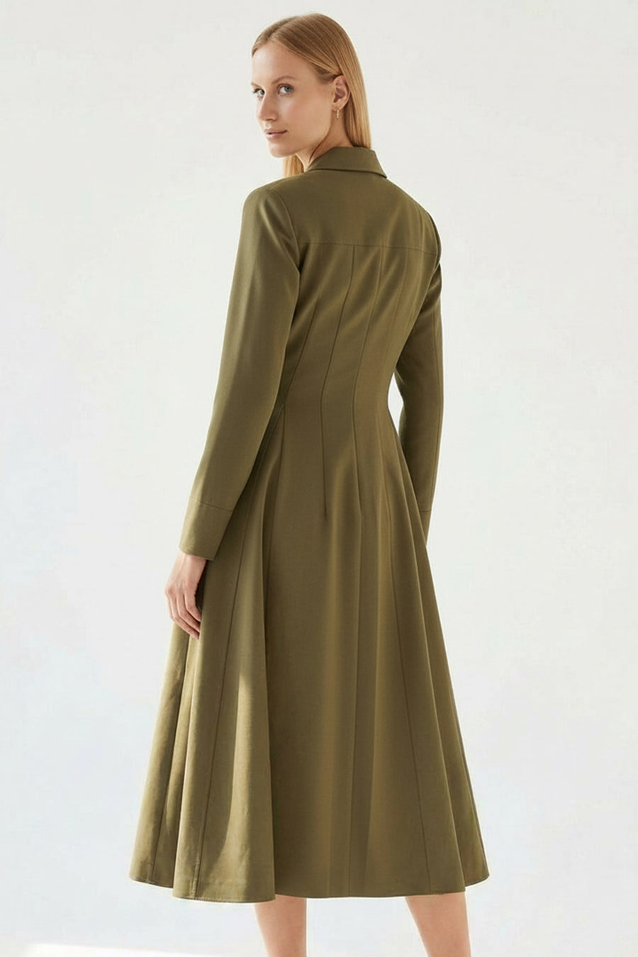 Gold Düğme Detaylı Kruvaze Dokuma Midi Blazer Haki Elbise