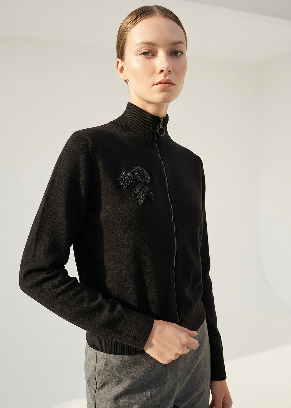 Fermuarlı Dik Yaka Uzun Kollu Regular Triko Hırka