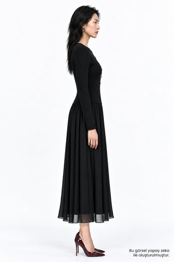 Bele Oturan Triko Garnili Astarlı Slim Fit Siyah Elbise