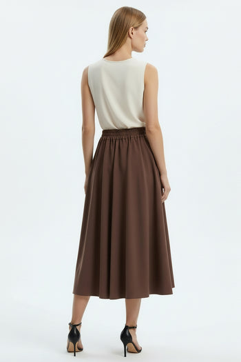 Pileli Arkası Lastikli Cepli Regular Midi Kahve Etek