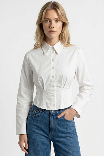 Gömlek Yaka Uzun Kollu Pile Detaylı Crop Regular Beyaz Gömlek