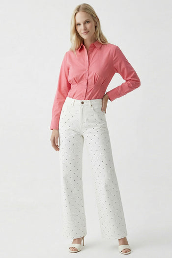 Taşlı Geniş Paça Yüksel Bel Regular Denim Beyaz Pantolon