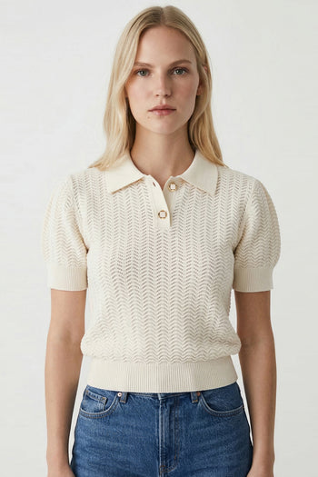 Polo Yaka Ajurlu Kısa Kollu Regular Triko Bej Bluz