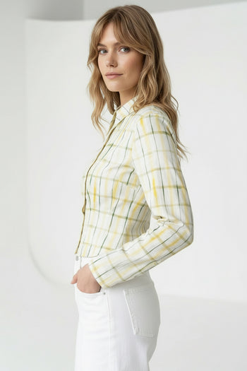 Gömlek Yaka Pile Detaylı Uzun Kollu Crop Regular Çok Renkli Gömlek