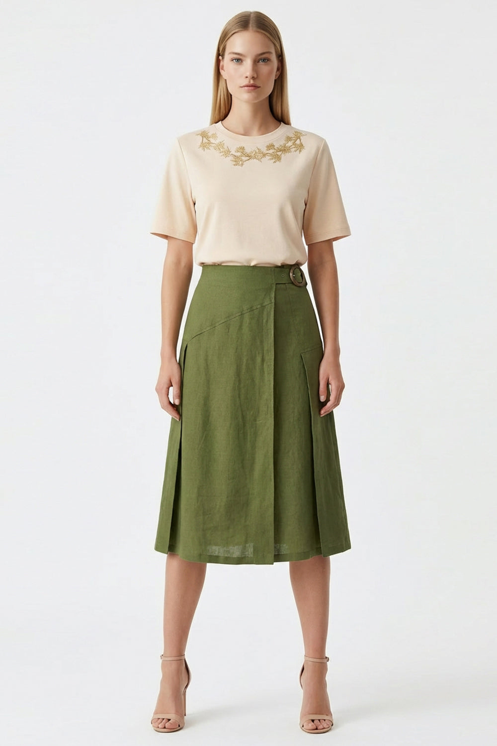 Yırtmaçlı Tokalı Fermuarlı Regular Midi Keten Haki Etek