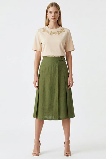 Yırtmaçlı Tokalı Fermuarlı Regular Midi Keten Haki Etek