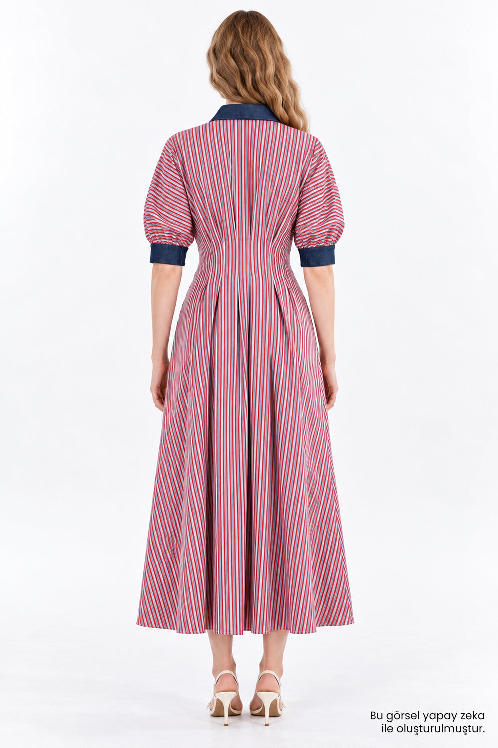 Denim Garni Reglan Kol Pileli Regular Midi Elbise