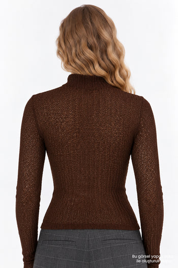 Dik Yaka Uzun Kollu Dantel Slim Fit Kahverengi Bluz