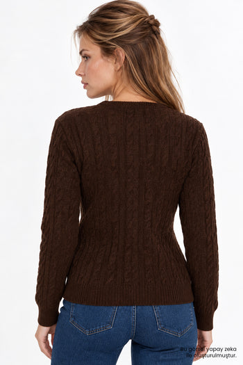 Yakası El İşlemeli Örgü Desenli Triko Kahverengi Bluz