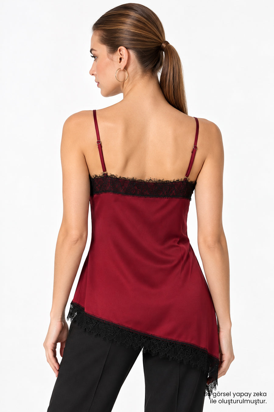 Dantel Detaylı Asimetrik Kesim Saten Bordo Bluz