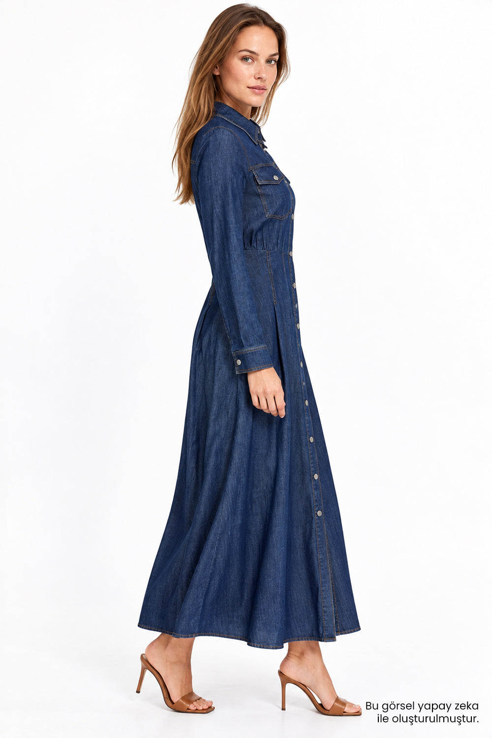 Uzun Kollu Bele Oturan Slim Fit Midi Denim İndigo Elbise
