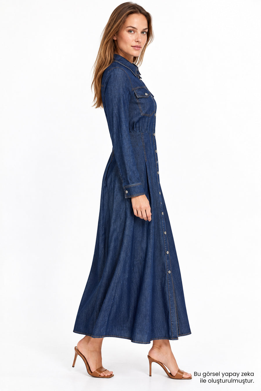 Uzun Kollu Bele Oturan Slim Fit Midi Denim İndigo Elbise