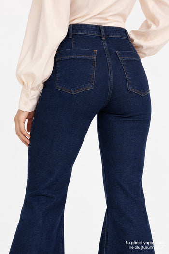 Yüksek Bel İspanyol Paça Slim Fit Denim Lacivert Pantolon