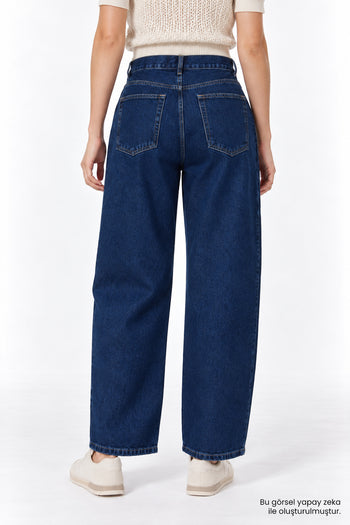 Geniş Paça Cepli Fermuarlı Regular Denim Lacivert Pantolon
