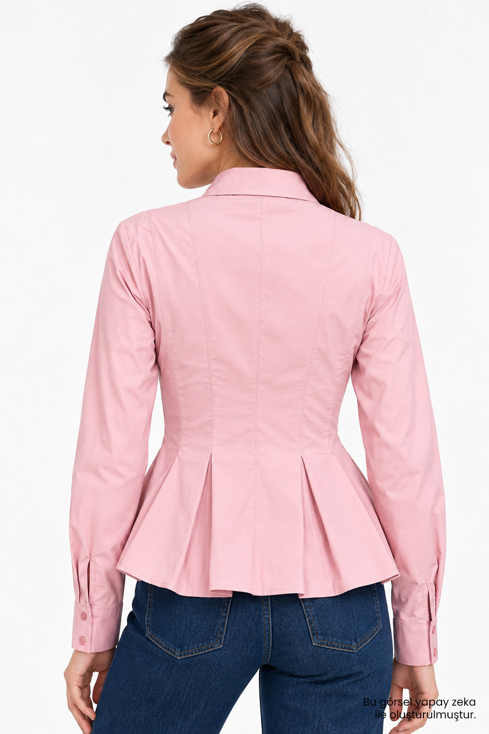 Bele Oturan Pileli Uzun Kollu Slim Fit Pembe Gömlek
