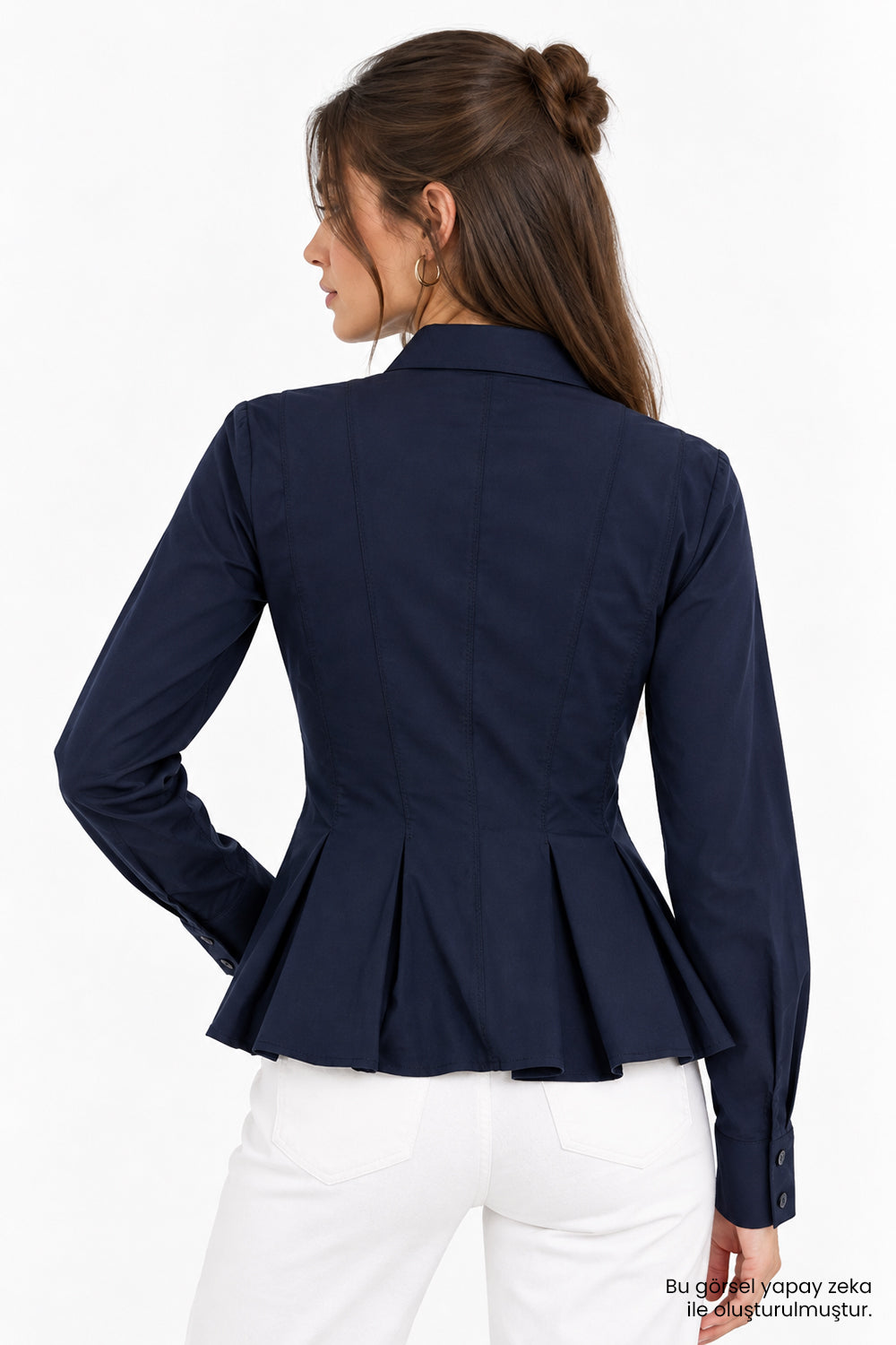 Bele Oturan Pileli Uzun Kollu Slim Fit  Lacivert Gömlek