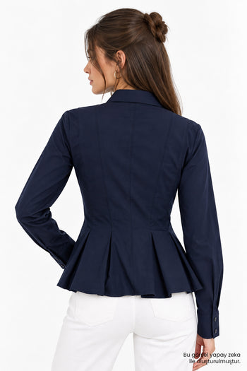 Bele Oturan Pileli Uzun Kollu Slim Fit  Lacivert Gömlek