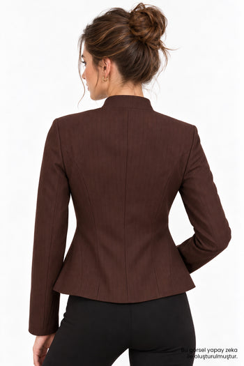 Dik Yaka Slim Fit İnce Çizgili Düğmeli Kahve Ceket