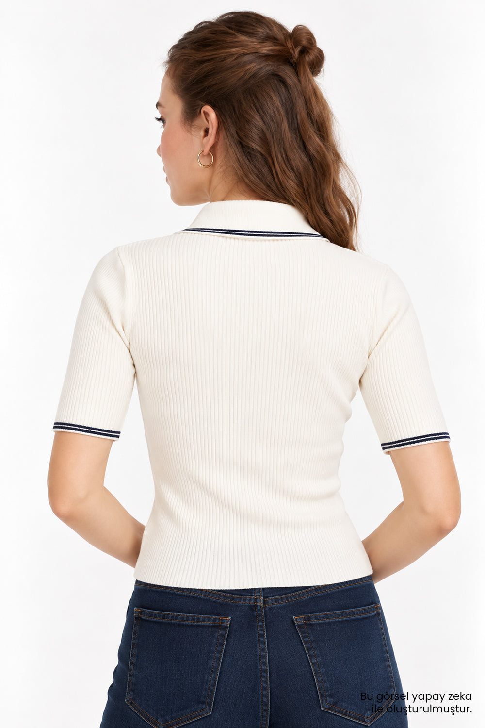 Kısa Kollu Polo Yaka Slim Fit Triko Ekru Bluz